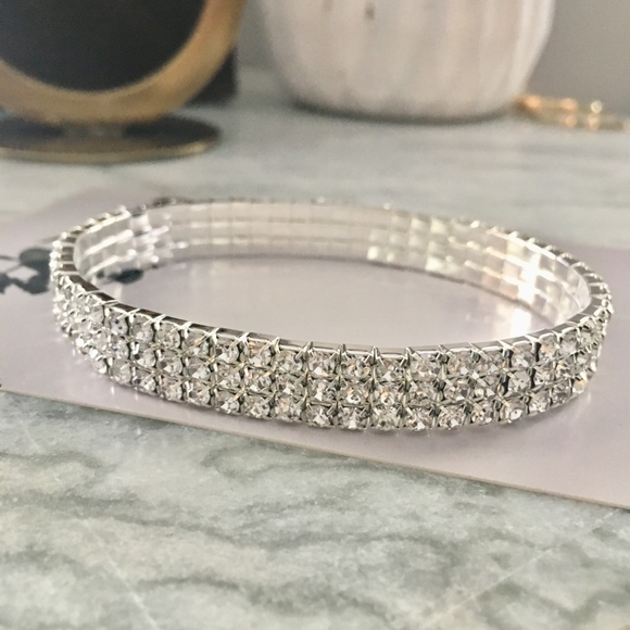 Layered Rhinestone Silver Elastic Stretch Anklet - Picture 6 of 8